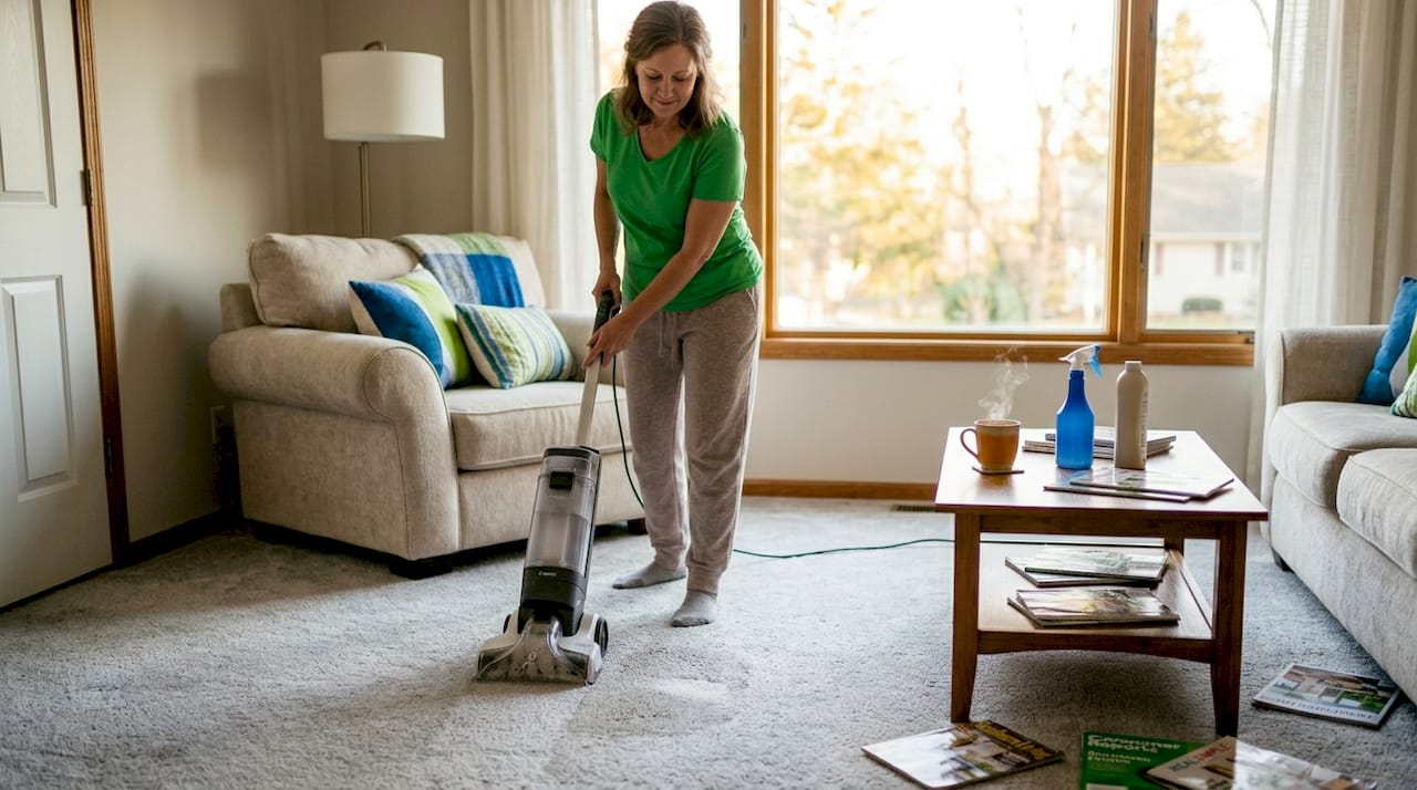Homeowner cleaning carpet in sunlit living room