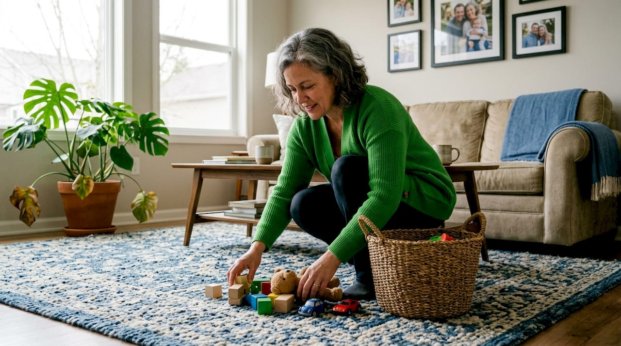 Homeowner preparing living room for carpet cleaning