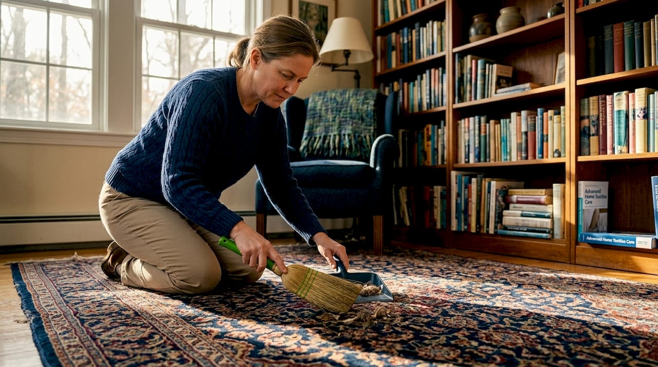 Homeowner gently cleaning hand-knotted rug in living room