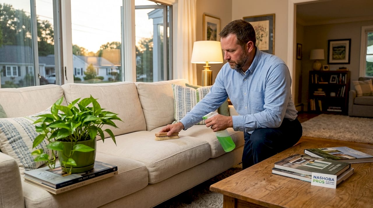 Professional cleaning linen sofa in living room