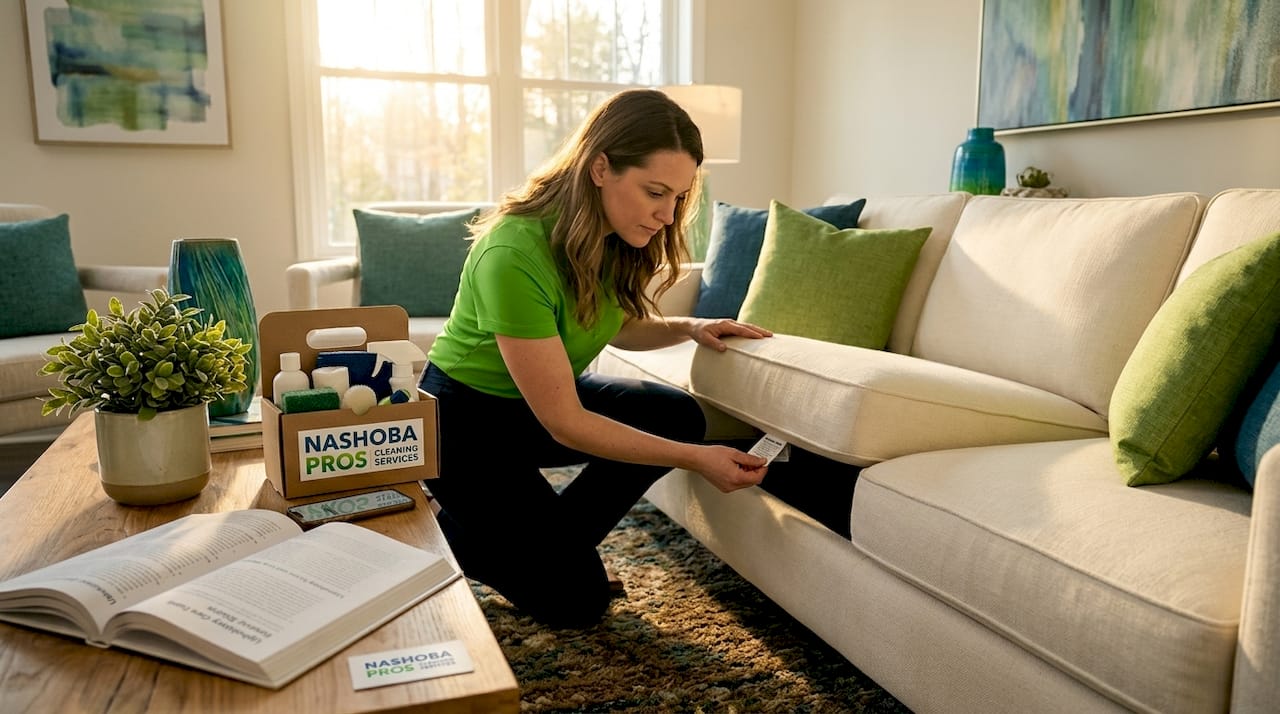 Homeowner checking sofa upholstery cleaning code