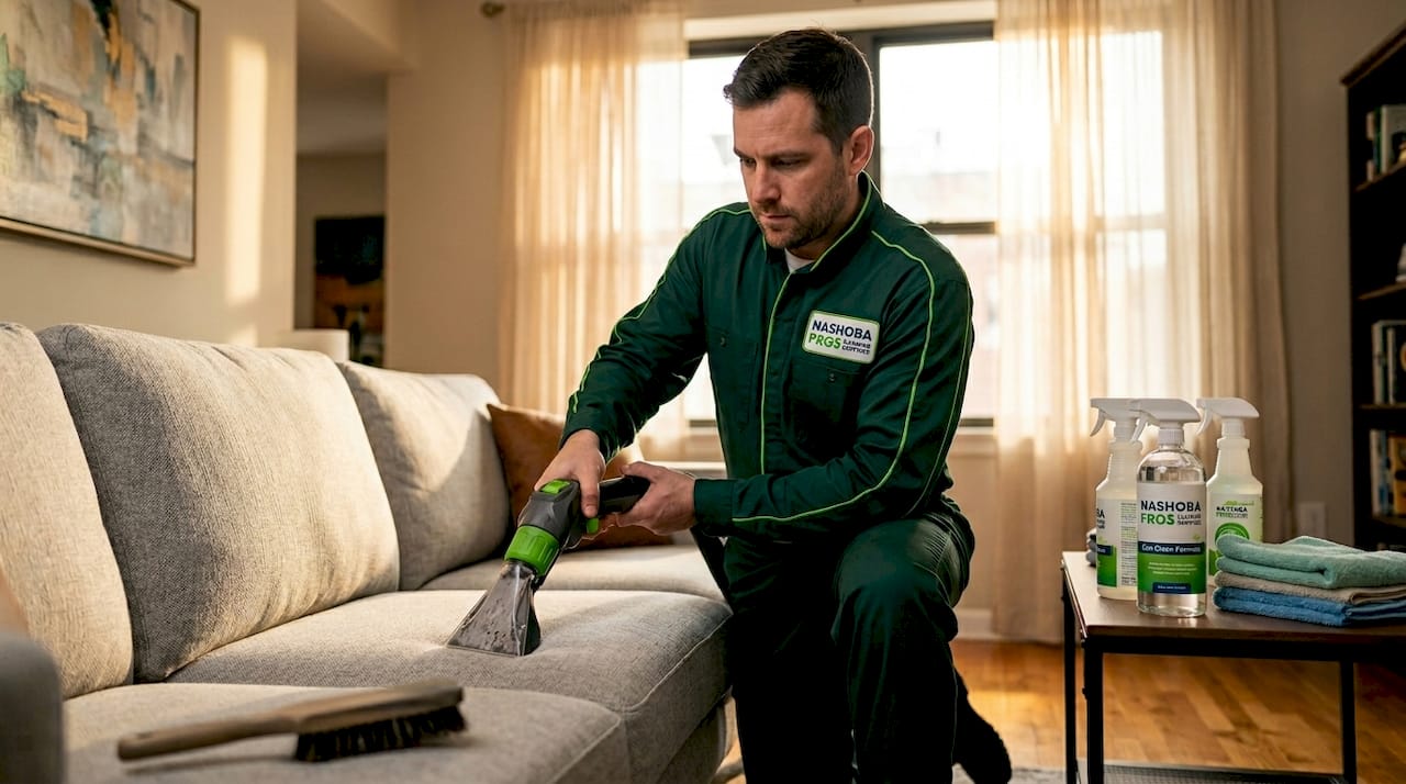 Technician cleaning sofa upholstery with extraction vacuum