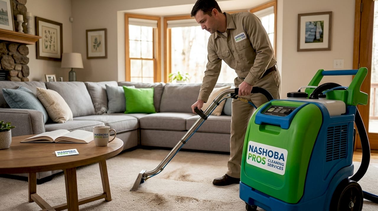 Technician performing steam carpet cleaning in living room