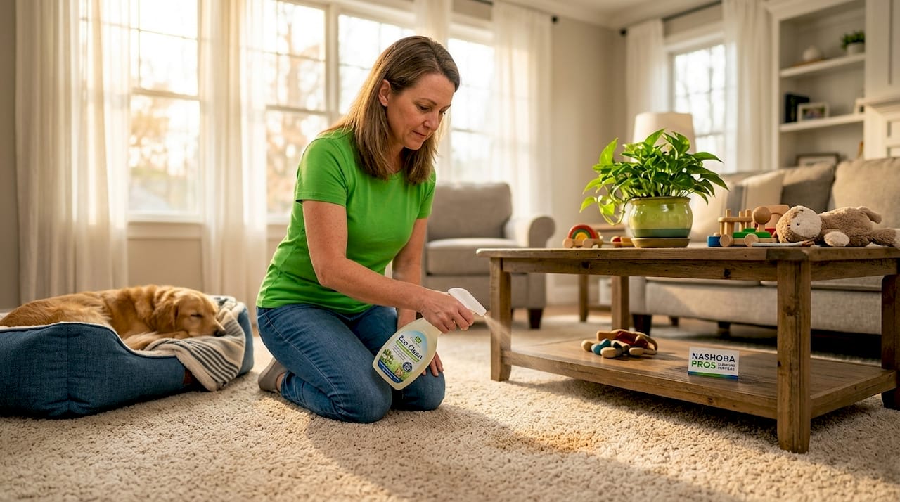 Woman cleaning carpet with non-toxic spray