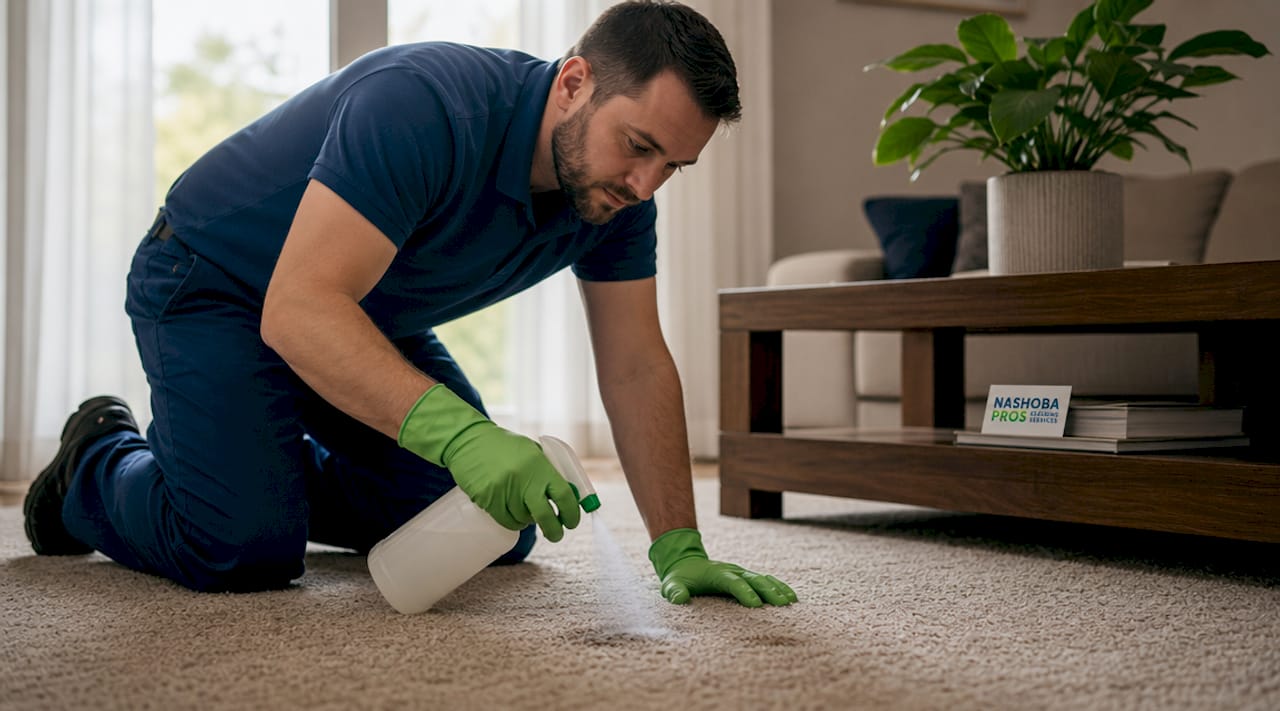 Professional applying pre-treatment spray on carpet