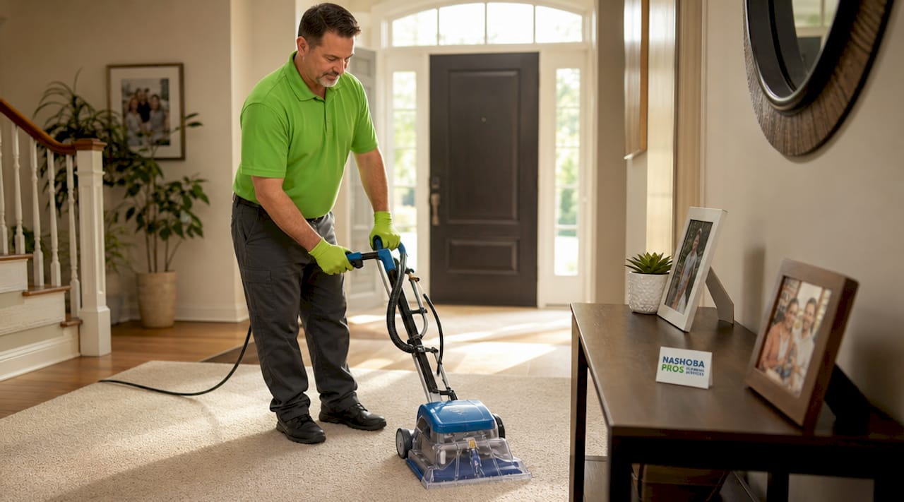 Carpet cleaner using encapsulation machine in living room