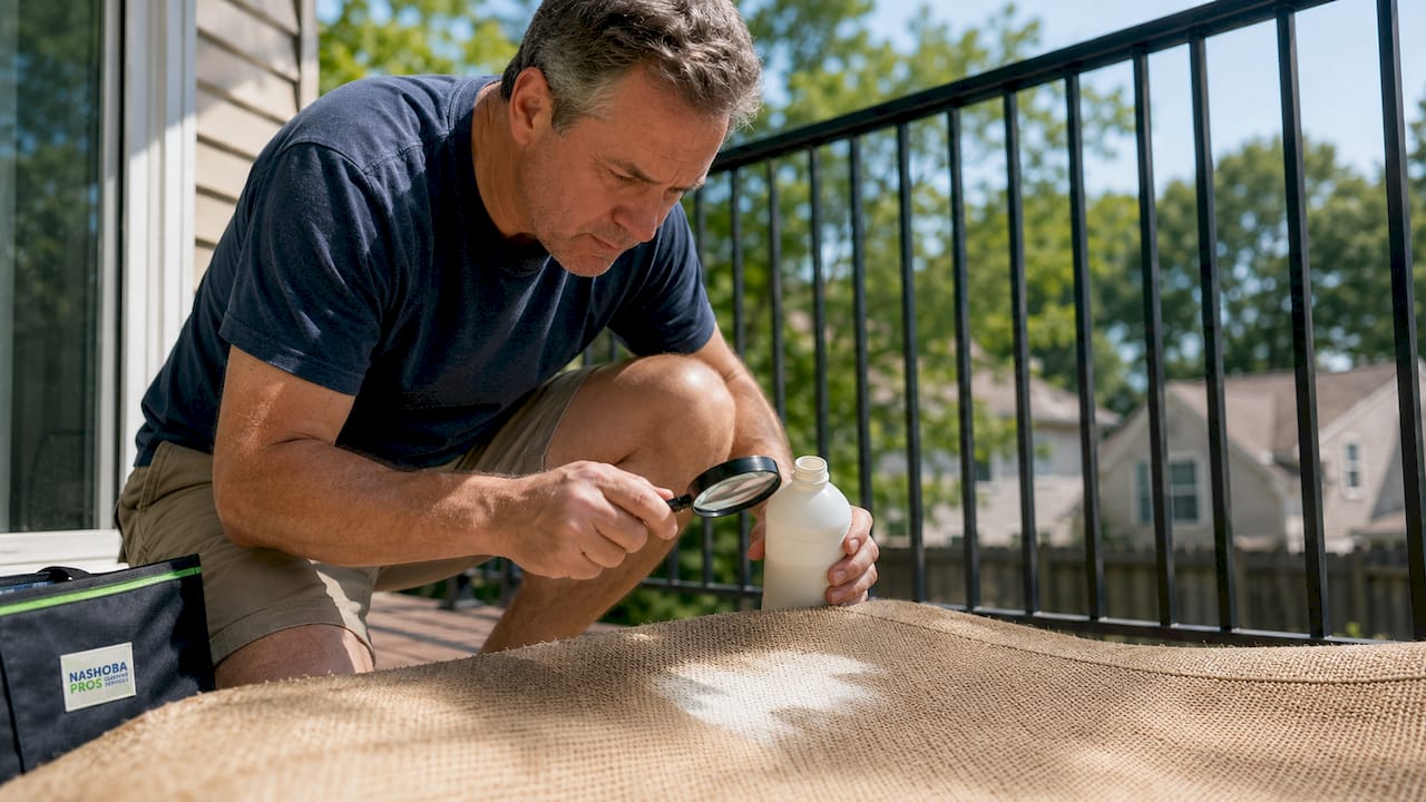 Homeowner inspecting bleach stain on carpet