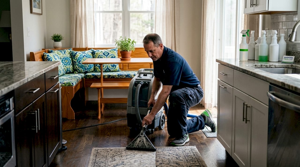 Carpet cleaner using extraction machine in living room
