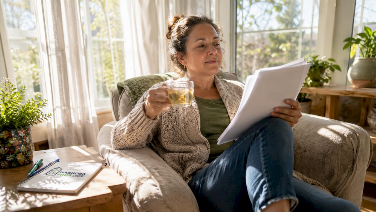 Woman reading carpet cleaning service reviews