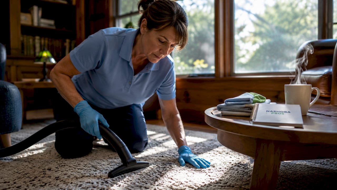 Professional vacuuming wool rug in living room