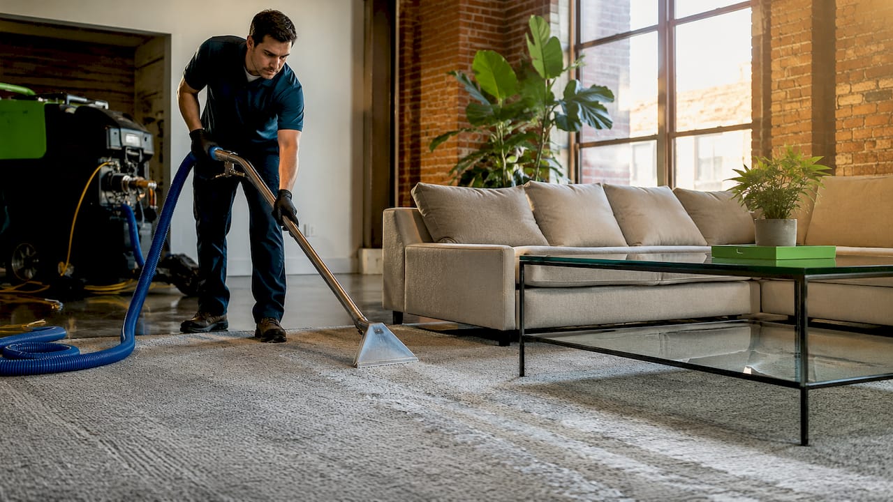 Professional cleaning carpet with hot water extraction