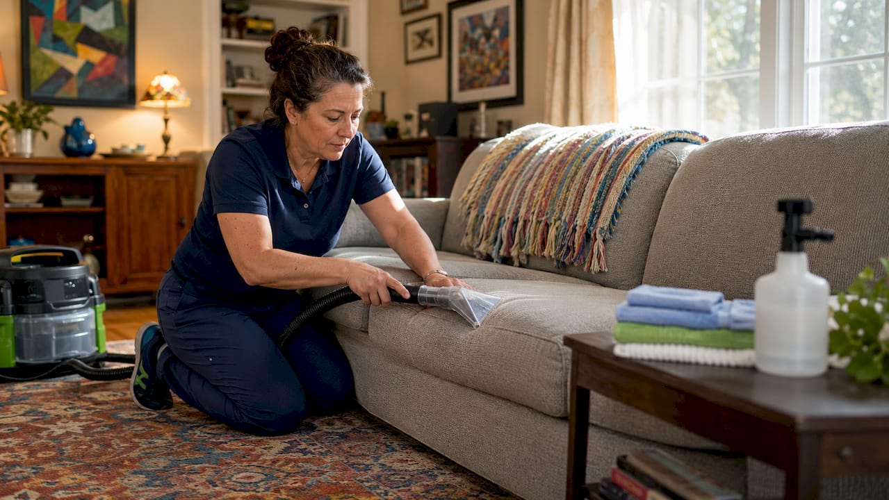 Woman using hot water extraction upholstery machine