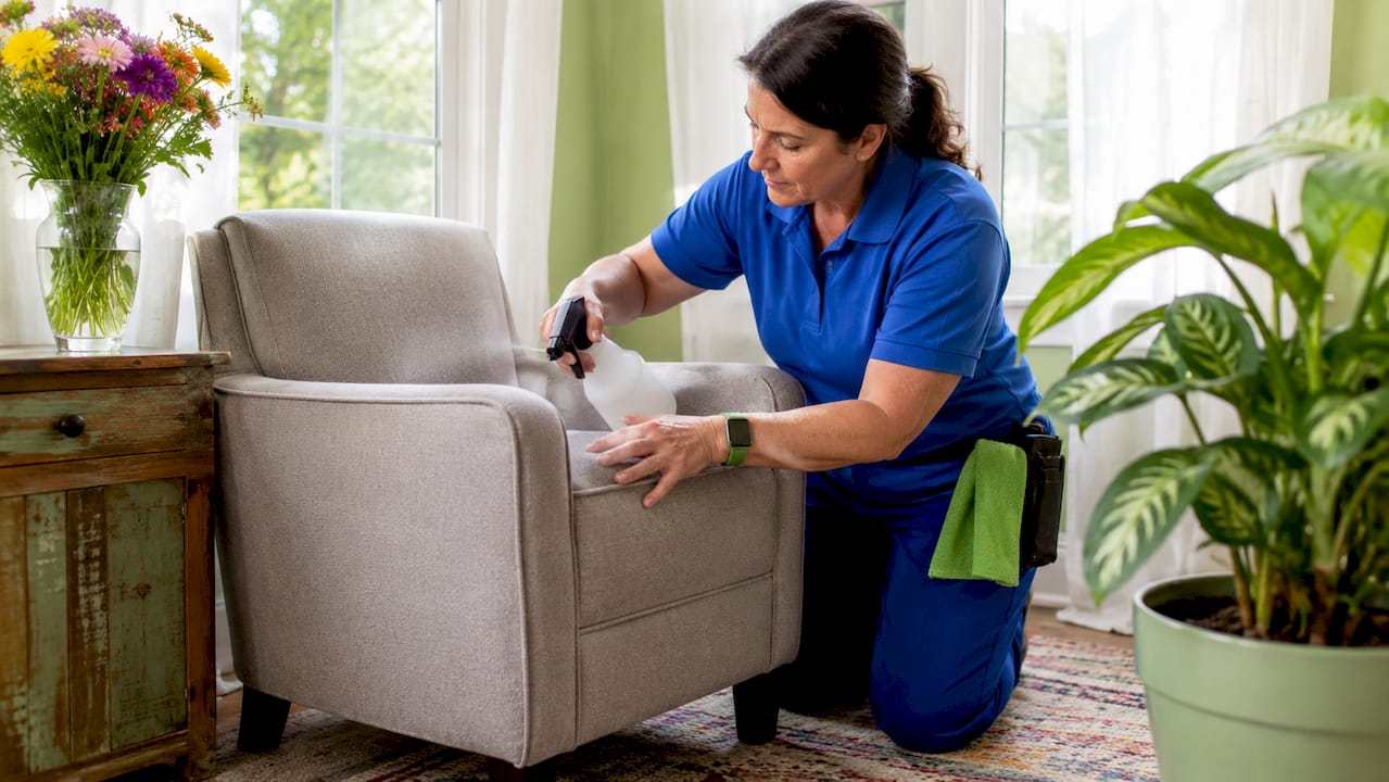 Professional spraying fabric protector on sofa upholstery