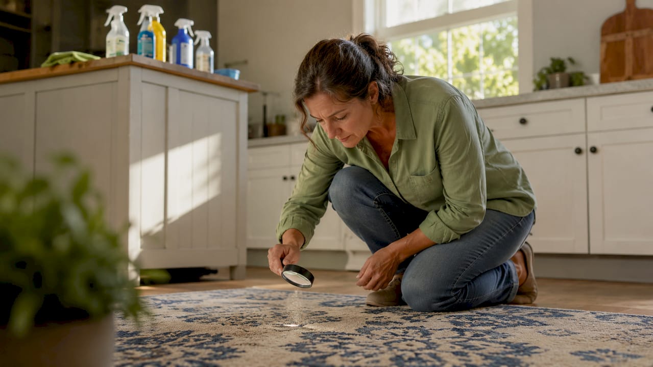 Woman inspecting bleach spot on carpet