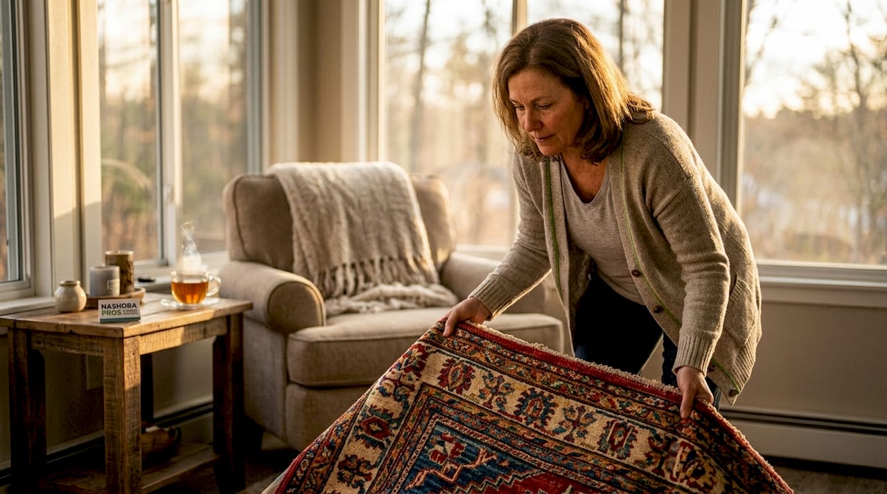 Homeowner rotating a hand-knotted rug indoors