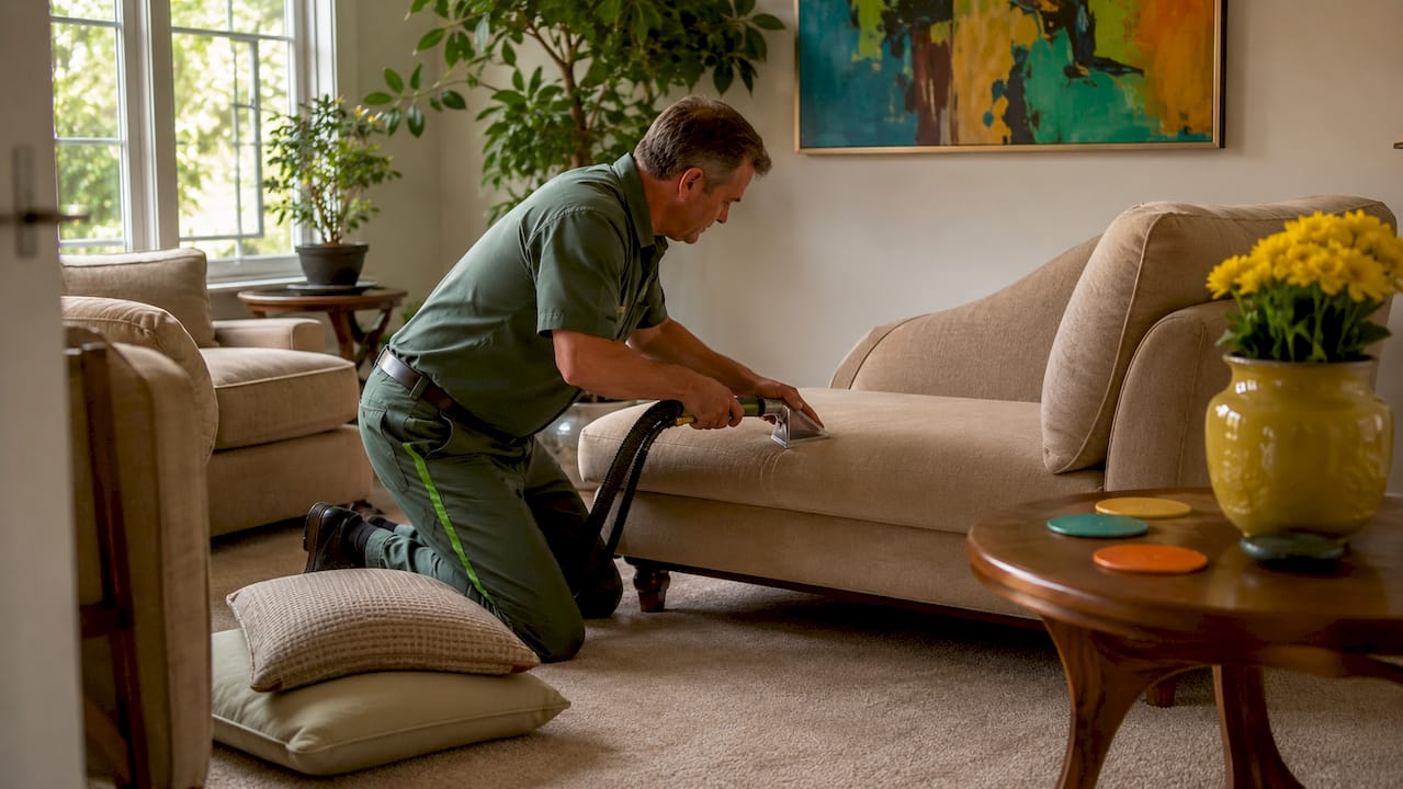 Technician cleaning beige sofa in living room
