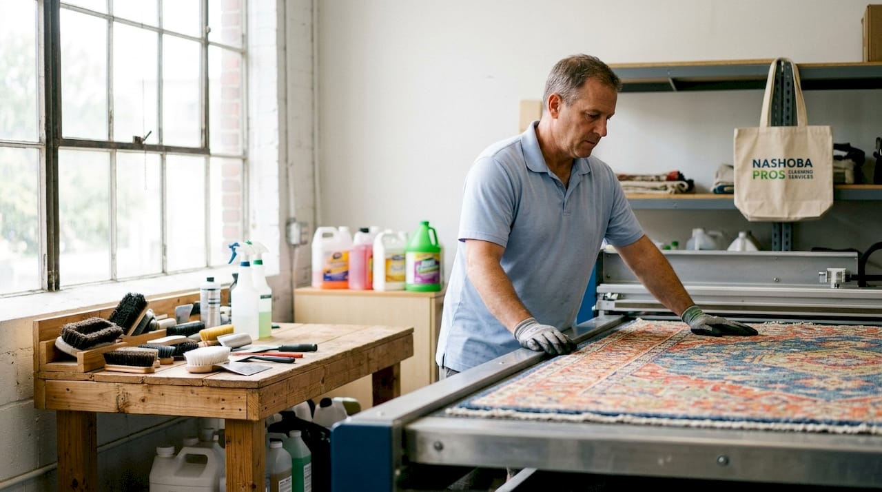 Technician operating rug dusting machine
