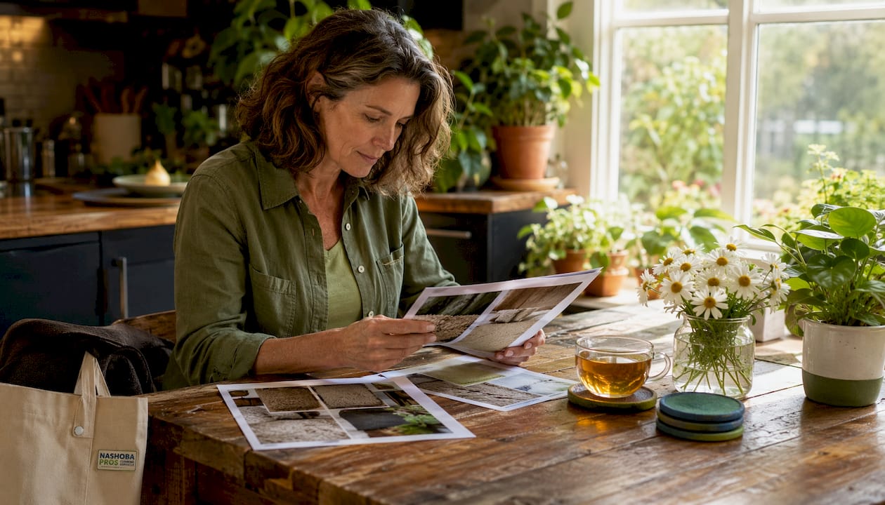 Woman reviewing eco-friendly carpet cleaning brochures