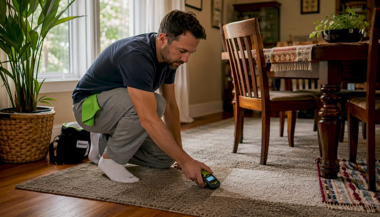 Man measuring carpet moisture at home