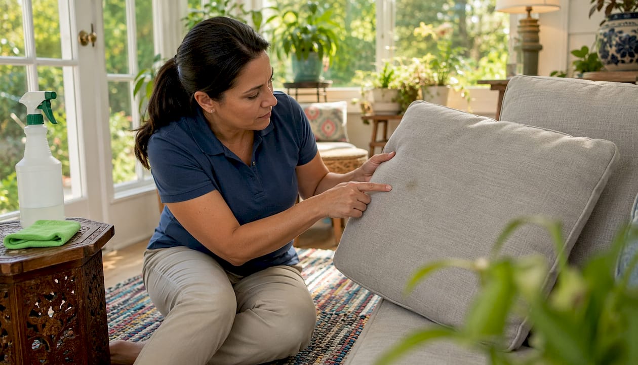 Woman inspecting sofa cushion for stains