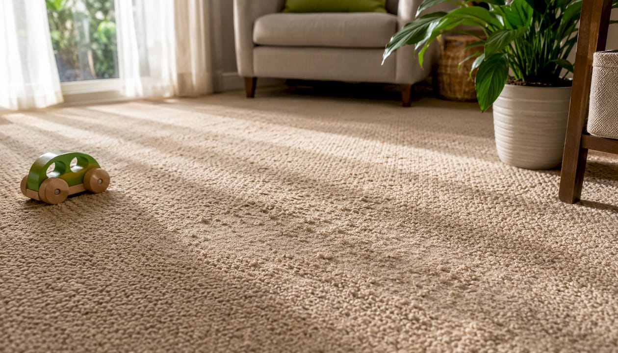 Damaged looped Berber carpet with pulled loops