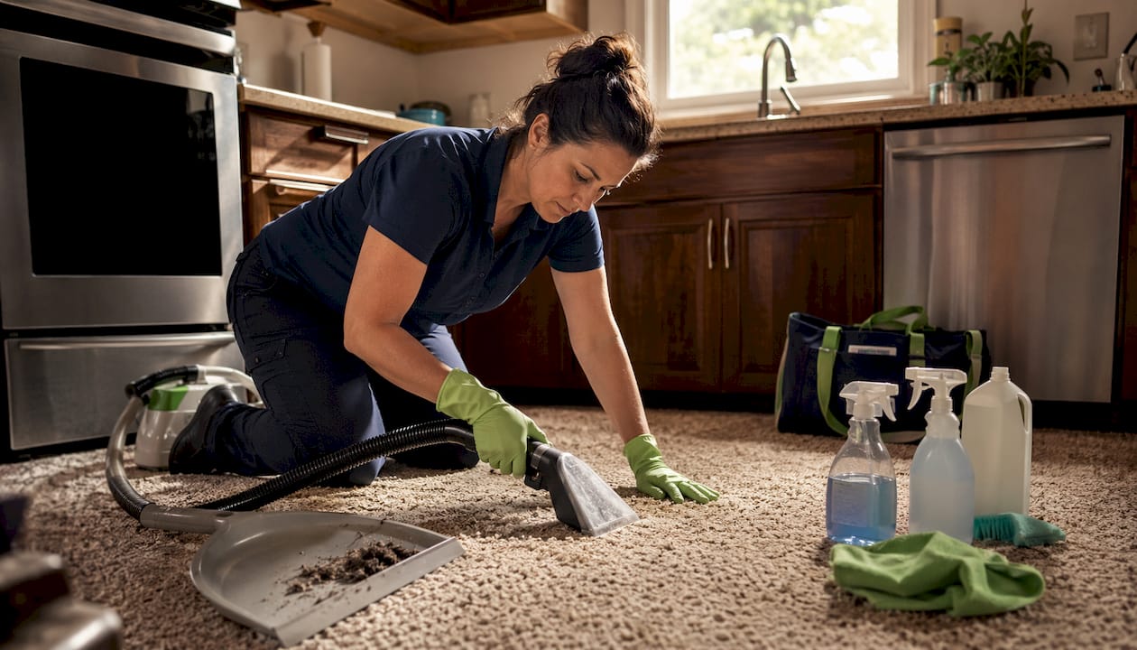 Woman cleaning looped Berber carpet fibers