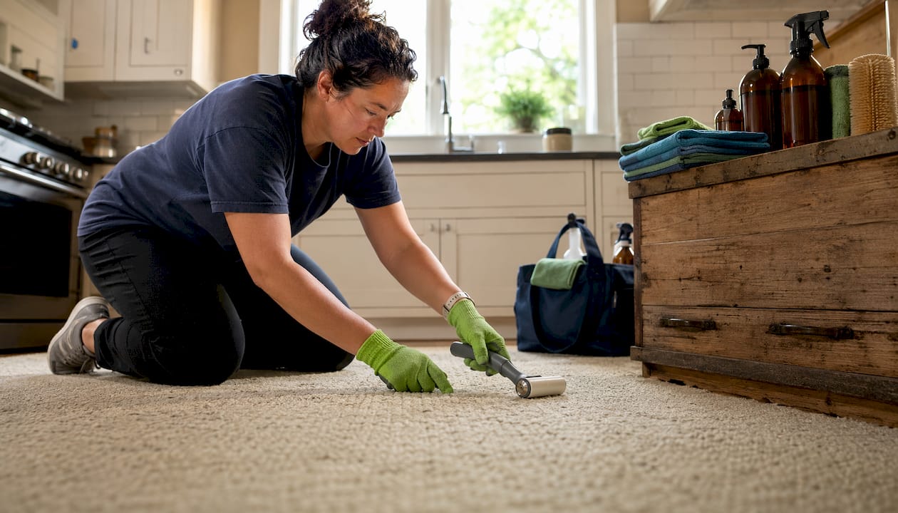 Person applying gentle low-moisture cleaning to Berber carpet