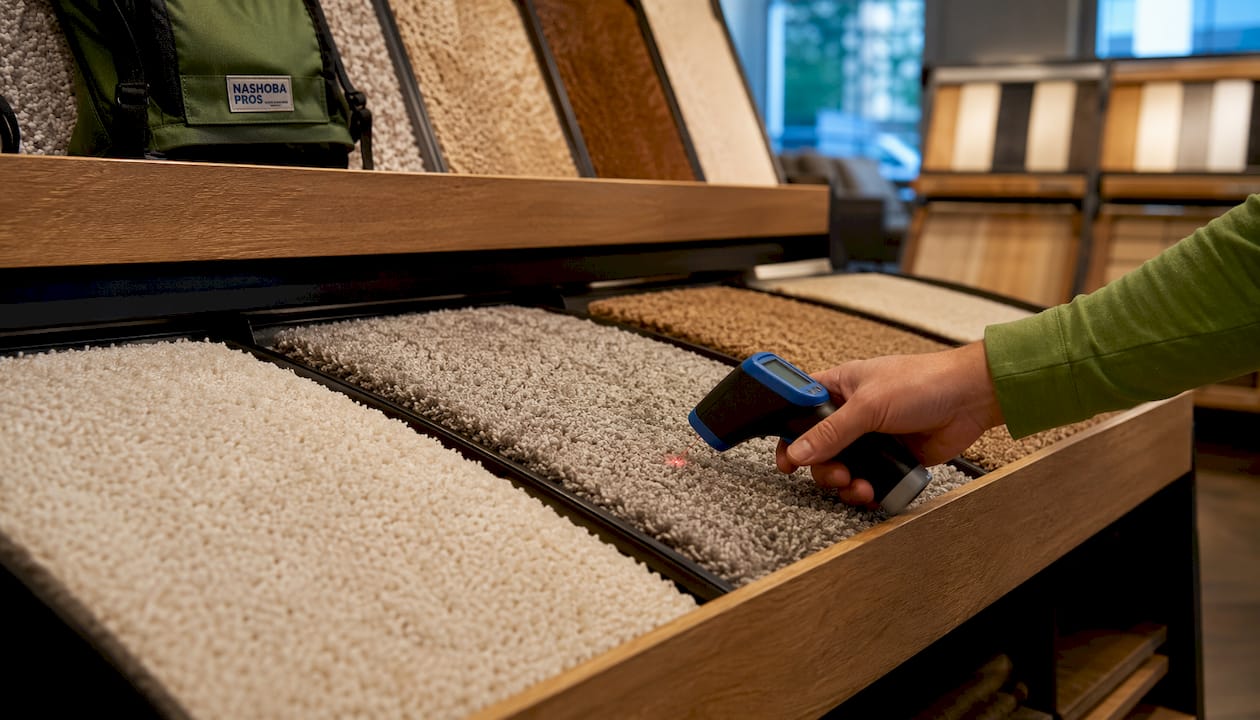 Measuring carpet fiber heat tolerance with thermometer