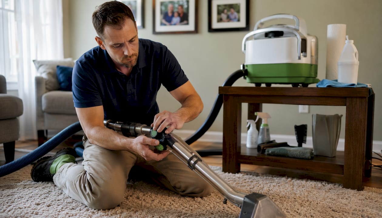 Carpet cleaner adjusting water temperature on wand