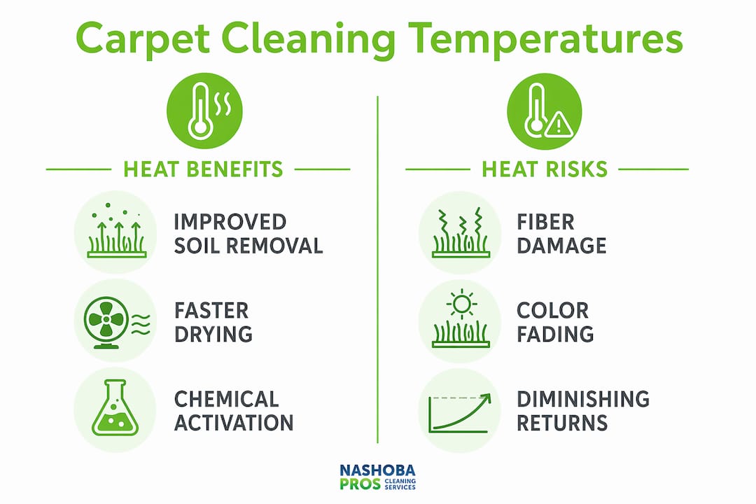 Infographic comparing benefits and risks of carpet cleaning temperatures